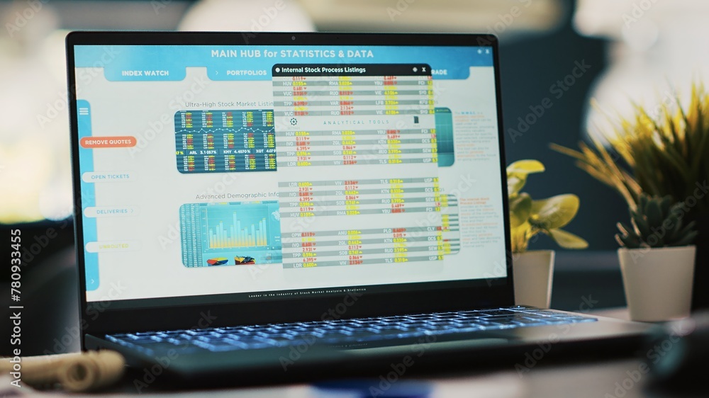 Poster notebook screen with stock market data collected in office to develop trading strategies and algorit