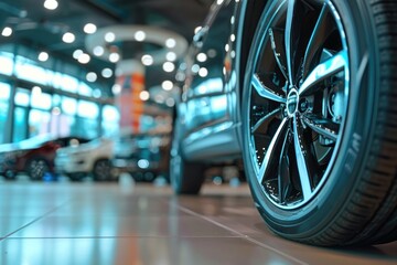 Close up of a tire on a car in a showroom. Ideal for automotive industry promotions