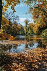 Serene pond surrounded by autumn trees. Ideal for nature and relaxation concepts