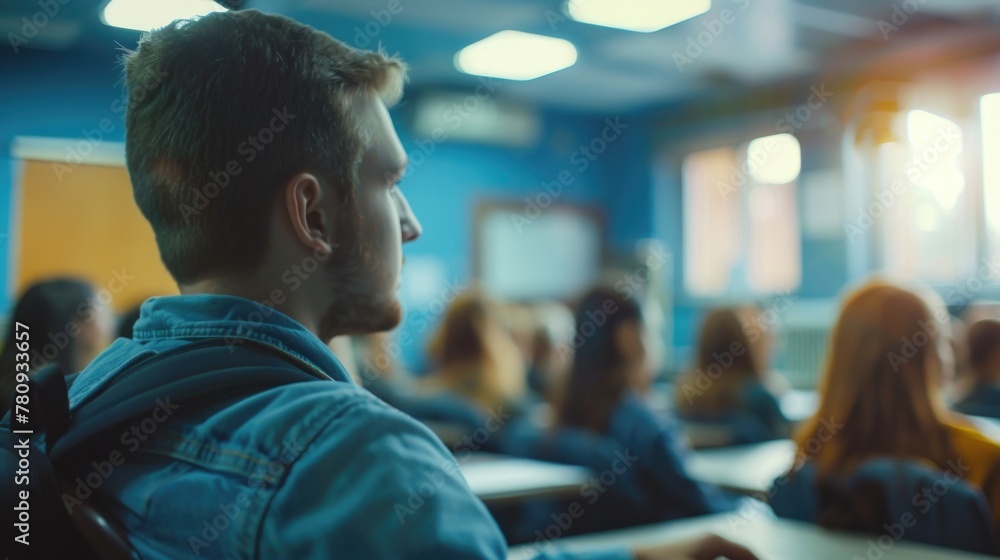 Poster a man sitting in front of a classroom full of students. ideal for educational concepts