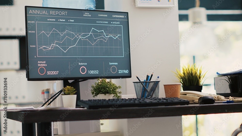 Poster wheelchair in inclusive office and business forecasting graphs on laptop. economic annual revenue st