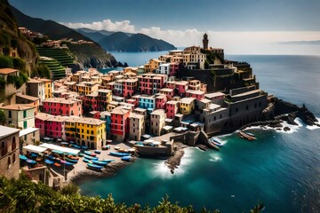 A stunning 16K panoramic photograph of Vernazza village, showcasing the entire coastal town and its stunning natural surroundings. The high level of detail allows you to immerse yourself  - obrazy, fototapety, plakaty