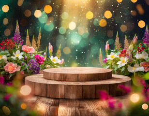 Colorful flowers around the elegant wooden podium. Sparkling background, bokeh effect, magical and fairy atmosphere.