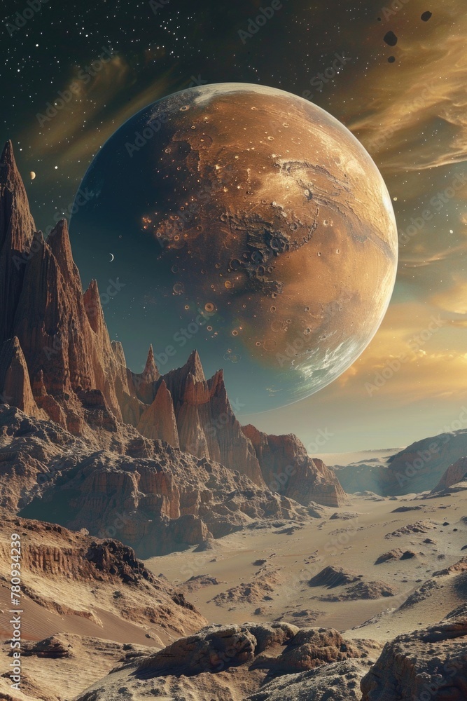 Poster A view of a planet from a rocky surface. Suitable for science and space-related projects
