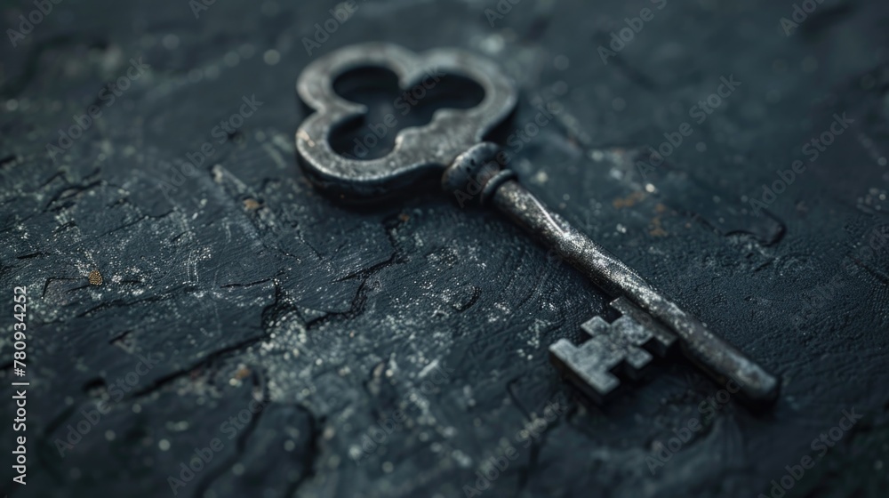 Poster Close up of a key on a table. Perfect for locksmith or security concepts