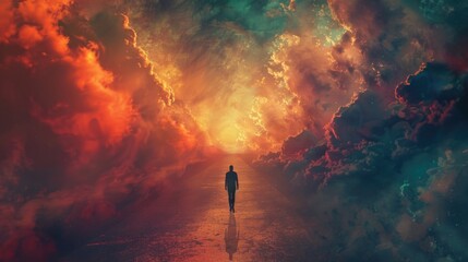 A man walking down a road in the middle of a cloud-filled sky. Ideal for concepts of dreaming and surrealism - obrazy, fototapety, plakaty