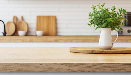 Empty kitchen wooden countertop with blurred kitchen on background. Mockup for the presentation of products, food and delicacies. Background with empty space for text. Generative AI.