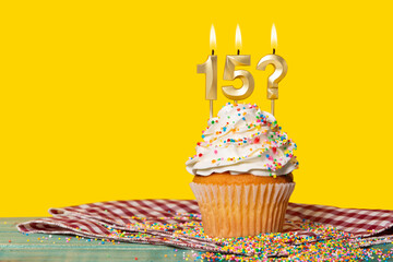 Birthday Cupcake With Candle Number 15 And Question Mark