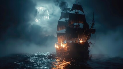 A ship sailing in the vast ocean under a full moon - obrazy, fototapety, plakaty