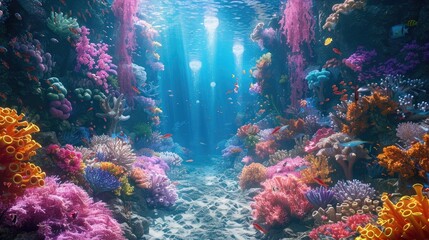 Naklejka na ściany i meble Stunning Underwater Coral Reef Teeming with Vibrant Marine Life and Natural Beauty