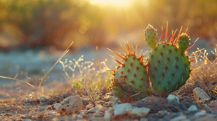 A cactus with sharp spines in a sunlit desert environment with natural bokeh background. Cactus undergoing crucial adaptation in a hostile environment of extreme temperatures. - obrazy, fototapety, plakaty