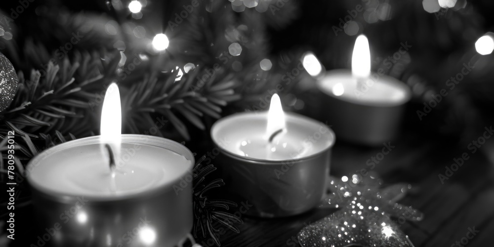 Poster close up of three lit candles on a table. suitable for various occasions