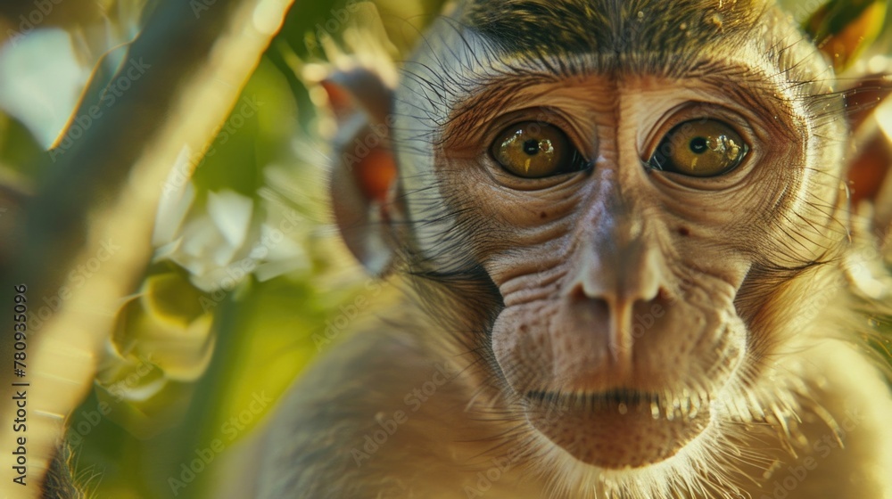 Poster close-up of a monkey's face in a tree, suitable for nature and wildlife themes