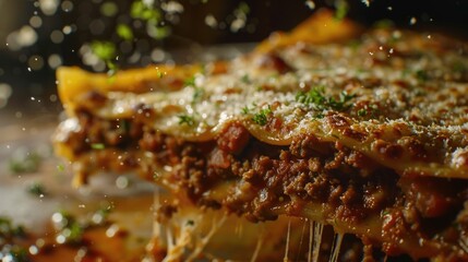 Delicious slice of lasagna being lifted by a fork, perfect for food blogs or restaurant menus - obrazy, fototapety, plakaty