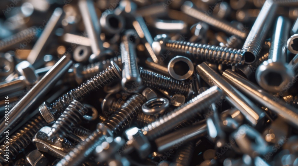 Poster a pile of screws and nuts on a table. perfect for industrial and diy projects