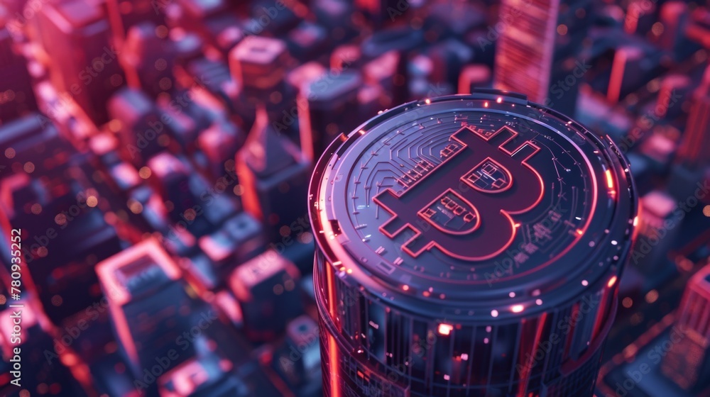 Poster a digital currency symbol on top of a tall building. suitable for financial concepts