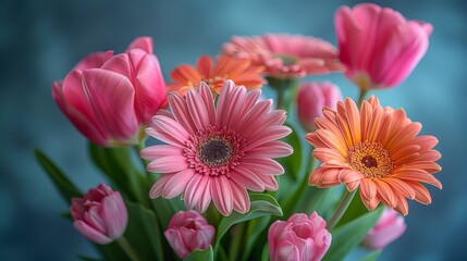   A vase holds a bunch of pink and orange flowers against a blue and pink background
