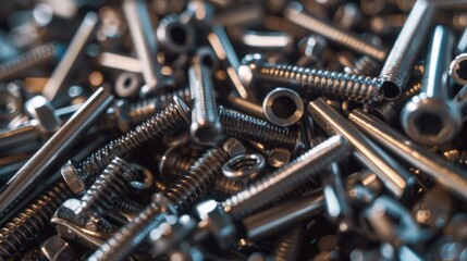 A pile of screws and nuts on a table. Perfect for industrial and DIY projects