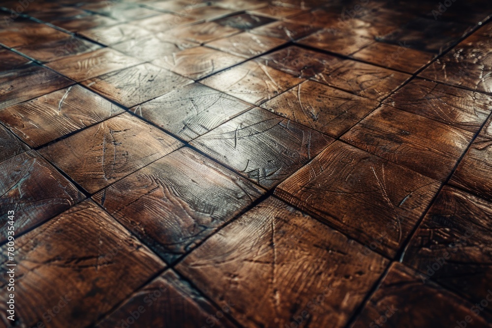 Poster close up of a wooden floor with a tile pattern, suitable for interior design projects