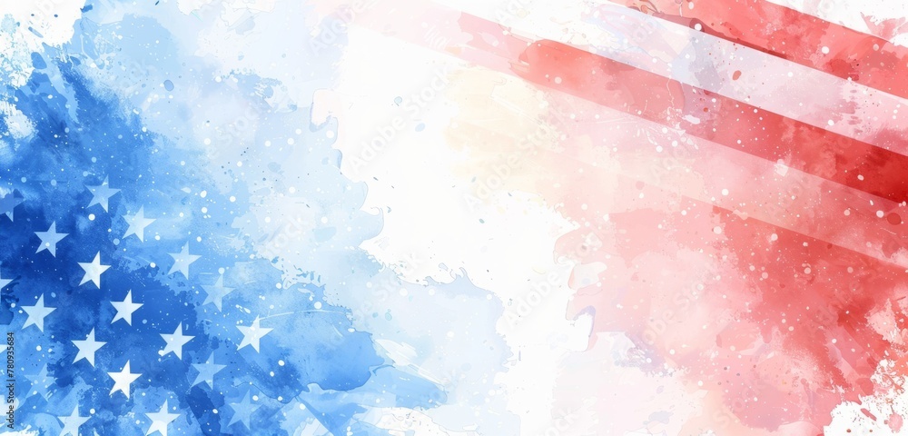 Poster a horizontal background banner with the american flag in the style of watercolor, with white space f