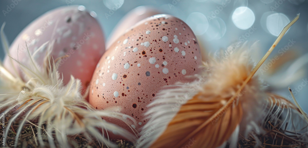 Wall mural Close up of three eggs in a nest with feathers. Suitable for nature and Easter themes