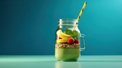 Healthy breakfast in mason jar with granola, yogurt and fruits on blue background