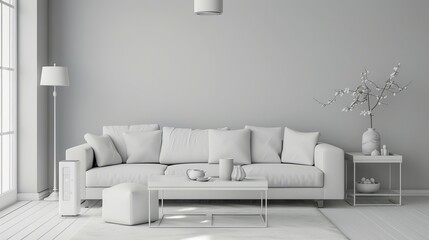 A contemporary, serene living room with a white air purifier device standing out beside a lush indoor plant