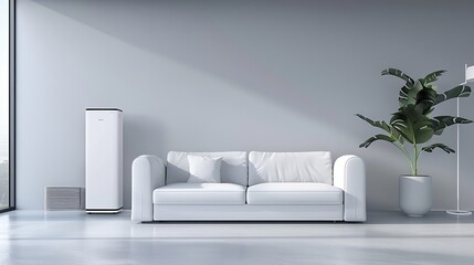 A contemporary, serene living room with a white air purifier device standing out beside a lush indoor plant