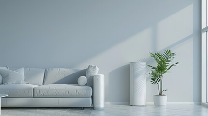 A contemporary, serene living room with a white air purifier device standing out beside a lush indoor plant - obrazy, fototapety, plakaty