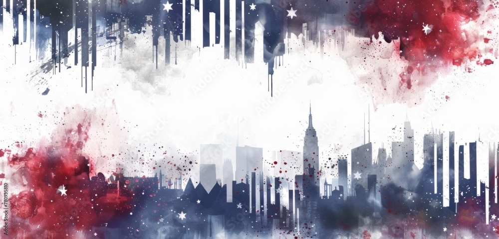 Poster american flag background with red, white and blue stripes on the top and bottom of an abstract water