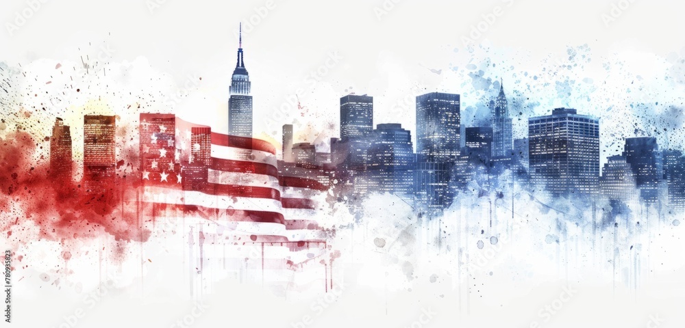 Poster american flag background with red, white and blue stripes on the top and bottom of an abstract water