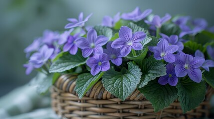   A table holds a basket overflowing with purple blooms, atop verdant green foliage