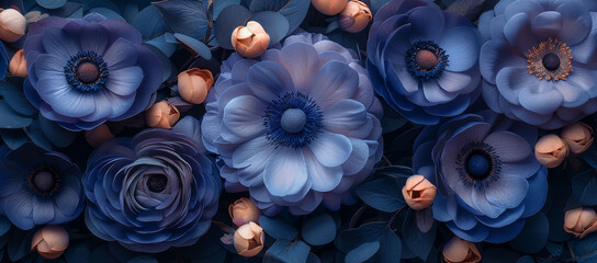   A close-up of various flowers with blue blooms at their heart