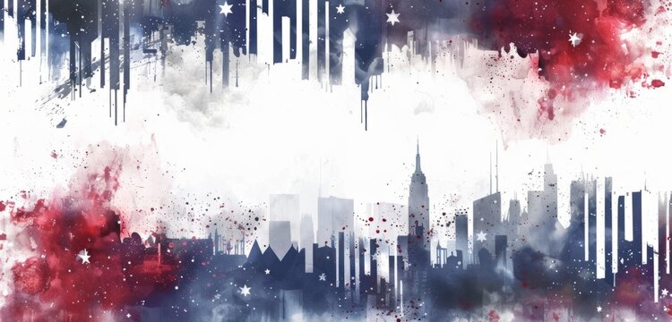 American flag background with red, white and blue stripes on the top and bottom of an abstract watercolor background with stars on one side and thick horizontal lines on another Generative AI