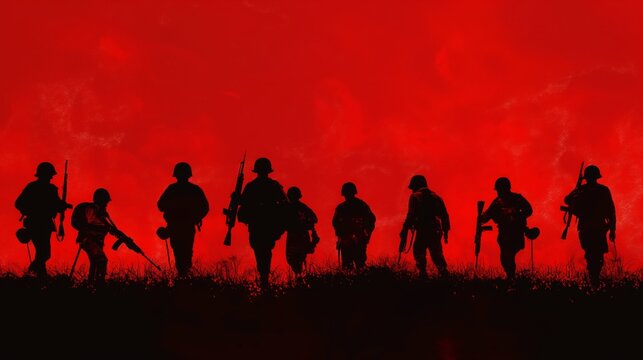 Silhouettes of soldiers on red backdrop. Remembrance Day symbol. Victory over Nazism. May 8, WWII memorial.