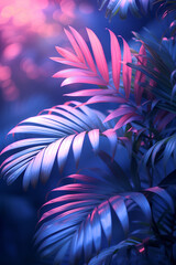 Palm leaves in neon lighting tropical background
