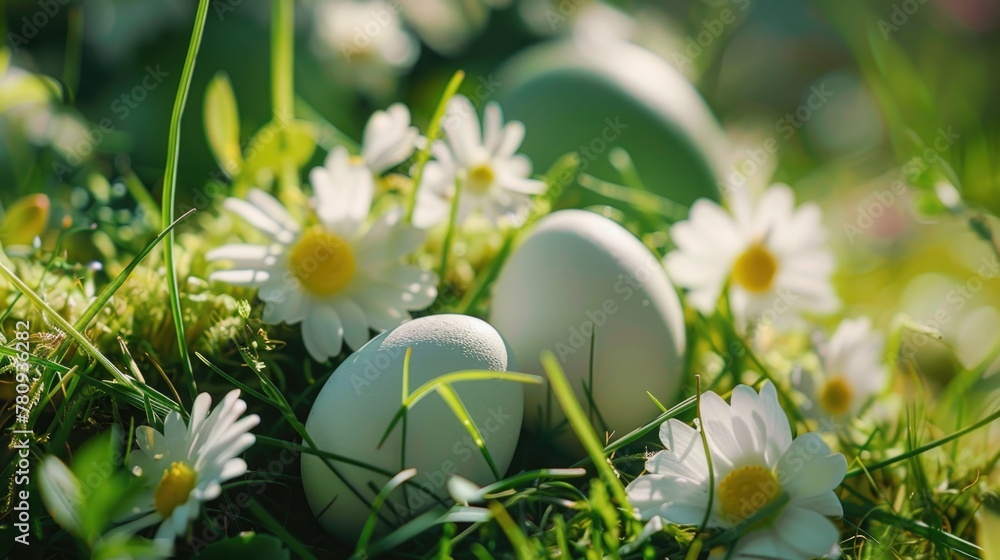Poster three eggs laying in the grass with daisies in the background. suitable for easter or nature concept
