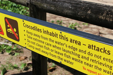 Crocodiles inhabit this area warning sign from North Queensland, Australia. 