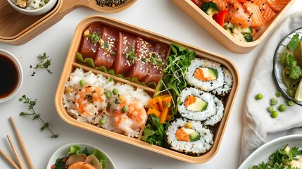 Bento lunch box on white background. Traditional Japanese food in takeaway wooden packaging on kitchen table. Healthy diet, meal preparation. Rice, prawn, furikake, tuna tataki, tamago and vegetables