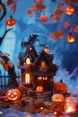 Fototapeta na wymiar Spooky Halloween scene with a haunted house and glowing pumpkins. Perfect for Halloween themed designs and decorations