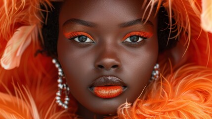 She has orange feathers, orange lips, and orange feathers