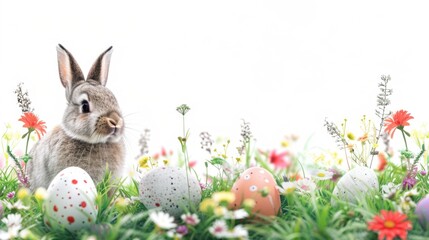 Fototapeta na wymiar A rabbit sitting in a field of flowers with colorful eggs. Perfect for Easter or spring-themed designs