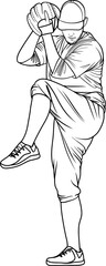 pitcher, baseball player throwing ball, vector outline illustration. Design element, coloring book page	
