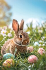 Fototapeta premium A cute rabbit sitting in the grass surrounded by colorful Easter eggs. Perfect for Easter holiday designs