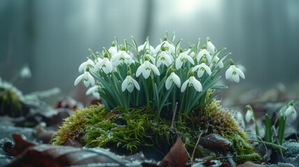   A collection of snowdrops sits atop moss-covered ground, before a grove of trees