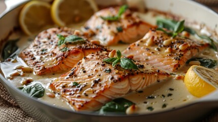  salmon and lemons in a pan, covered by a crisp white cloth