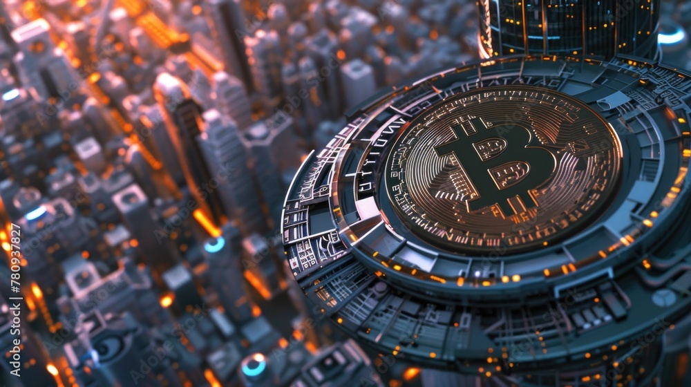 Poster a bitcoin displayed on a skyscraper in a bustling city. ideal for finance and cryptocurrency concept