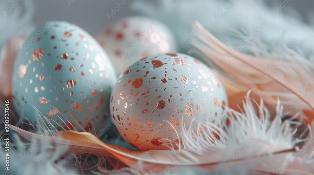 Poster Close up of three eggs in a nest with feathers. Suitable for nature and wildlife concepts