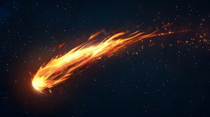 A brilliant flaming meteor with glowing molten tail streaking across the night sky, isolated on a transparent background for easy onto astronomy photography