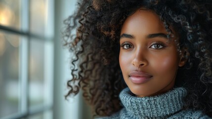 This is a beautiful portrait of an African American young woman with long curly hair taken from behind, which makes copy space easy to extend over the white background.